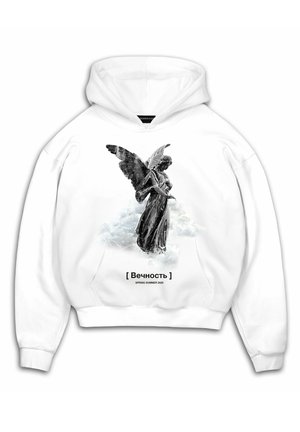 White hoodie with black winged angel statue graphic above clouds and Russian text "Вечность" with "Spring Summer 2020" below.