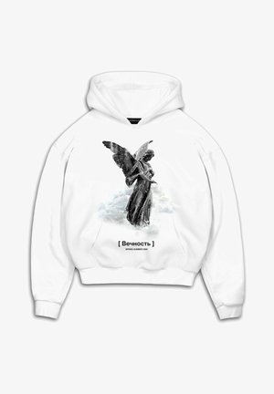 Biała bluza z kapturem z czarną grafiką skrzydlatego anioła na tle chmur oraz rosyjskim napisem "Вечность" z napisem "Spring Summer 2020" poniżej.