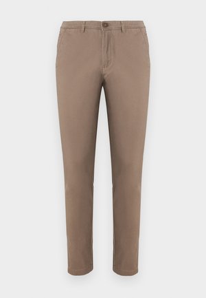 Bež chinos hlače s ravnim krojem, kopčanje na gumb, prednji i stražnji džepovi, glatka pamučna tkanina i uredan rub. Pogodne za neformalno nošenje.