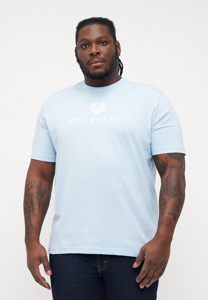 Light blue cotton t-shirt featuring a crew neck, short sleeves, and white "BELSTAFF" logo design centered on the chest.