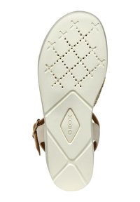 La suola dei sandali Geox presenta un materiale in gomma di un colore crema chiaro con un motivo a rombi, fori di ventilazione, superficie testurizzata e logo del marchio.