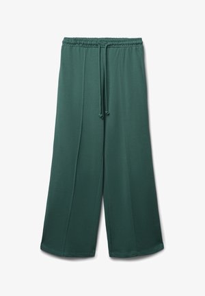 Pantaloni larghi verdi realizzati in tessuto morbido. Presentano una vita elastica con cordino, un texture liscia e senza motivi o accenti visibili.