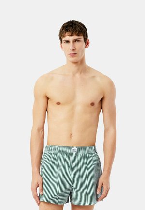 Fiatal férfi rövid barna hajjal, zöld-fehér függőleges csíkos fürdőnadrágban, világos egyszínű háttér előtt áll.