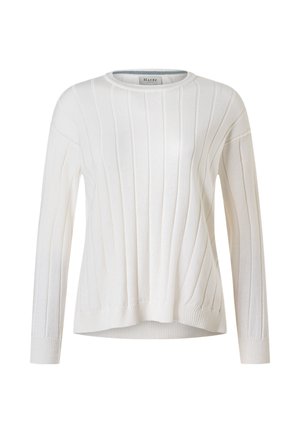 Biały, prążkowany sweter z długim rękawem, okrągłym dekoltem, delikatnymi pionowymi paskami i dopasowanymi mankietami.
