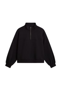 Schwarzer Pullover mit Stehkragen, Viertel-Reißverschluss vorne, lockerer Passform sowie gerippten Bündchen und Saum. Hergestellt aus weichem Stoff.