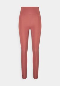 Legginsy o wysokim stanie w kolorze różowym, wykonane z gładkiego, elastycznego materiału, z logo nadrukowanym na dolnej części nogawki.