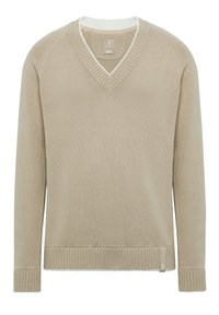 Beige v-kaula-aukollinen neulepaita, jossa on resorit hihansuissa ja helmassa, teksturoitu neulekuvio ja kontrastivalkoinen reunus kauluksessa. Pehmeä kangas.