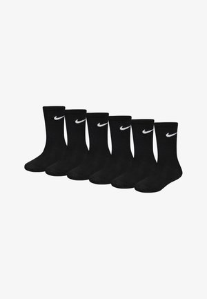 Μαύρες βαμβακερές κάλτσες για το πόδι, έξι ζευγάρια, με ραβδωτή υφή και λευκό λογότυπο Nike στο μοσχάρι. Κλασικός σχεδιασμός και ομοιόμορφο χρώμα.