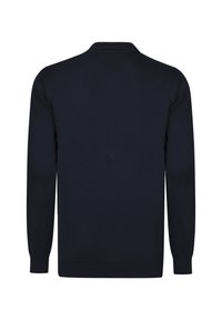 Marineblauwe cardigan, breimateriaal, lange mouwen, geribde manchetten en zoom, klassieke kraag, naadloos ontwerp aan de achterkant, minimalistische stijl.