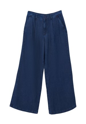 Bredde ben denim bukser i mørkeblå. Har to forlommer, en knappelukning og en glat tekstur med et let materiale.