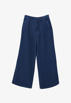 Wide-leg denim trousers in dark blue. Features two front pockets, a button closure, and a smooth texture with a lightweight fabric.