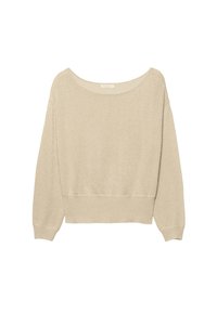 Bež dolgo rokaven pleten pulover s širokim izrezom, rebrastimi manšetami in pasom, prikazan na belem ozadju.