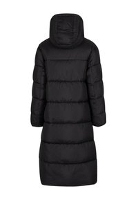 Svart pufferjacka med huva, med en quiltad, puffig design och långa ärmar. Tillverkad av ett slätt, vattenavvisande material.