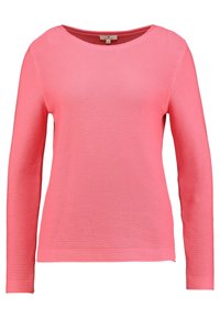 Długi rękaw, sweter z okrągłym dekoltem w jaskrawym różowym kolorze z teksturowanym ryżowym wzorem. Posiada solidne wykończenie u dołu i na mankietach. Lekki, luźny krój.