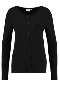 Cardigan nero realizzato in un morbido tessuto a maglia, con maniche lunghe, scollatura arrotondata e sette bottoni sul davanti.
