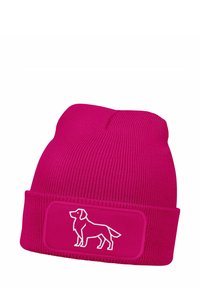 Fuchsia knitted beanie with a folded cuff, featuring a white outline of a dog on a pink rectangular patch. Soft texture and close-fitting design.