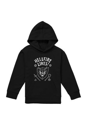 Black hoodie with white graphic of horned skull on shield, crossed dagger and flail, dice, and text "HELLFIRE LIVES!" on front.