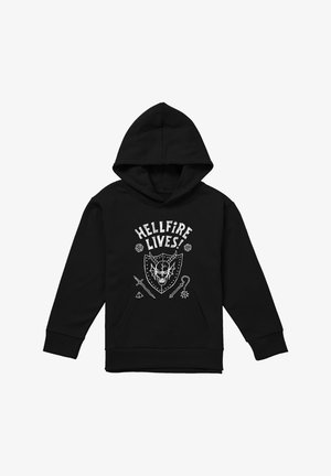 Black hoodie with white graphic of horned skull on shield, crossed dagger and flail, dice, and text "HELLFIRE LIVES!" on front.