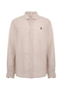 Camicia in lino color beige chiaro con maniche lunghe, chiusura con bottoni sulla parte anteriore, colletto classico e un piccolo logo ricamato sul lato sinistro del petto.