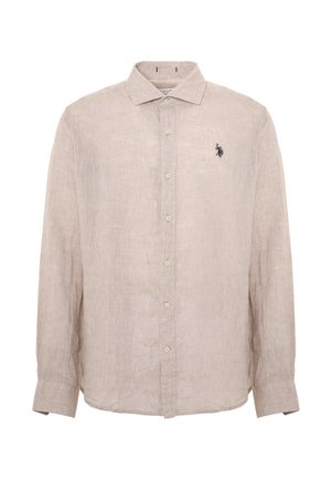 Camicia in lino color beige chiaro con maniche lunghe, chiusura con bottoni sulla parte anteriore, colletto classico e un piccolo logo ricamato sul lato sinistro del petto.