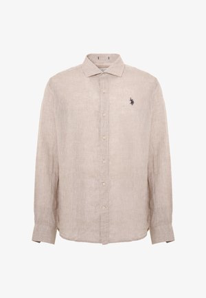Camicia in lino color beige chiaro con maniche lunghe, chiusura con bottoni sulla parte anteriore, colletto classico e un piccolo logo ricamato sul lato sinistro del petto.