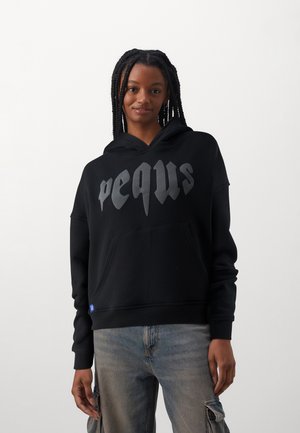 Black cotton hoodie featuring a large gray graphic text on the front, kangaroo pocket, and ribbed cuffs and hem. Relaxed fit design.