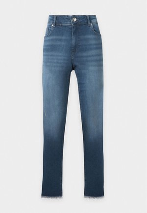 Μπλε τζιν skinny με ψηλή μέση, μπροστινό κουμπί και φερμουάρ, πέντε τσέπες και φθαρμένα τελειώματα.