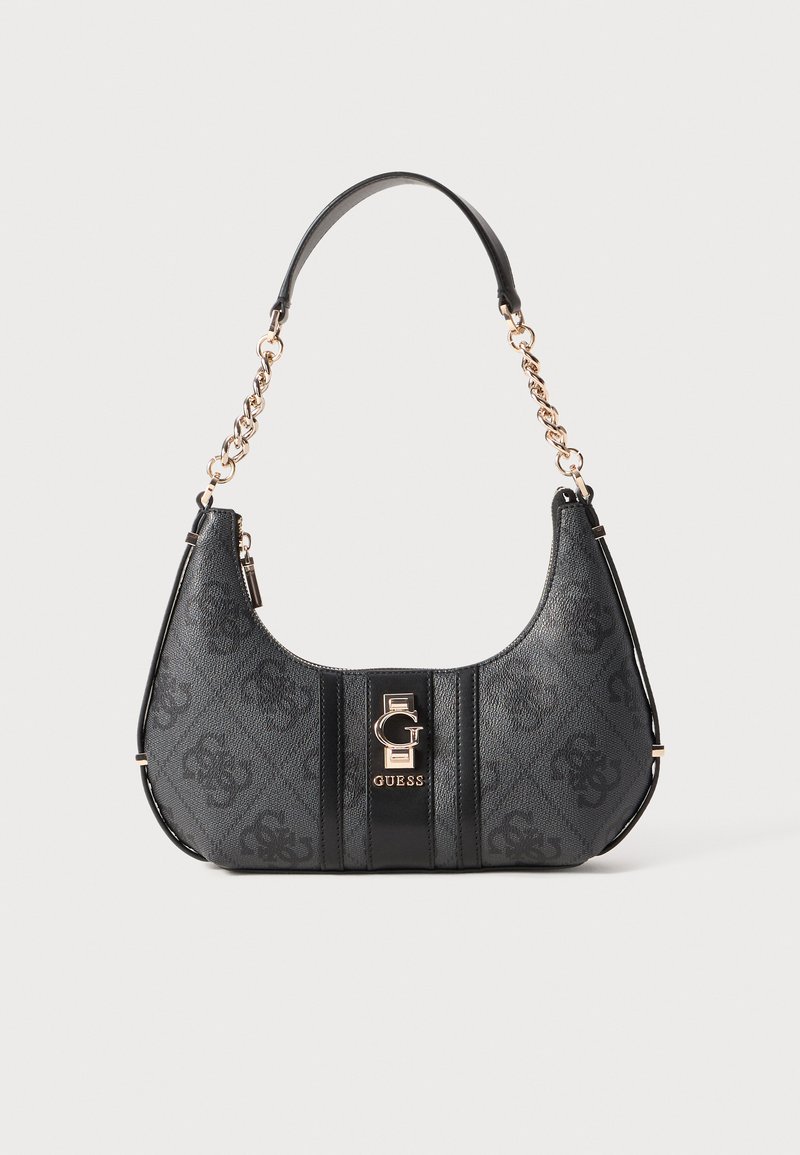 Black leather hobo bag with gold-tone hardware, featuring a logo plaque, textured pattern, and a chain-accented shoulder strap.