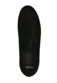 Black suede slip-on shoe with a smooth texture, contrasting white sole, and a stitched design along the opening and sides.