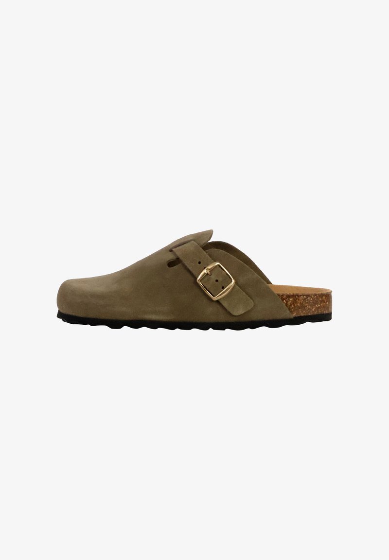 Clog-style shoe in olive green suede with a buckle accent, cork sole, and textured rubber outsole. Features an open back design.