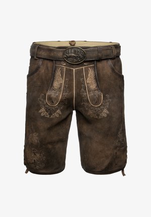 Pantaloni in pelle marrone con ricami intricati e una cintura regolabile che presenta una fibbia in metallo dettagliata. Tasche su entrambi i lati.