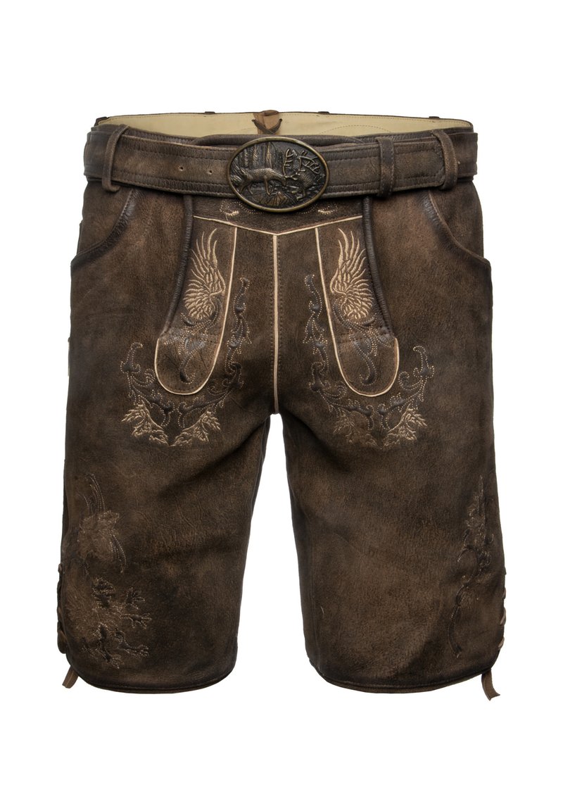 Pantaloni in pelle marrone con ricami intricati e una cintura regolabile che presenta una fibbia in metallo dettagliata. Tasche su entrambi i lati.