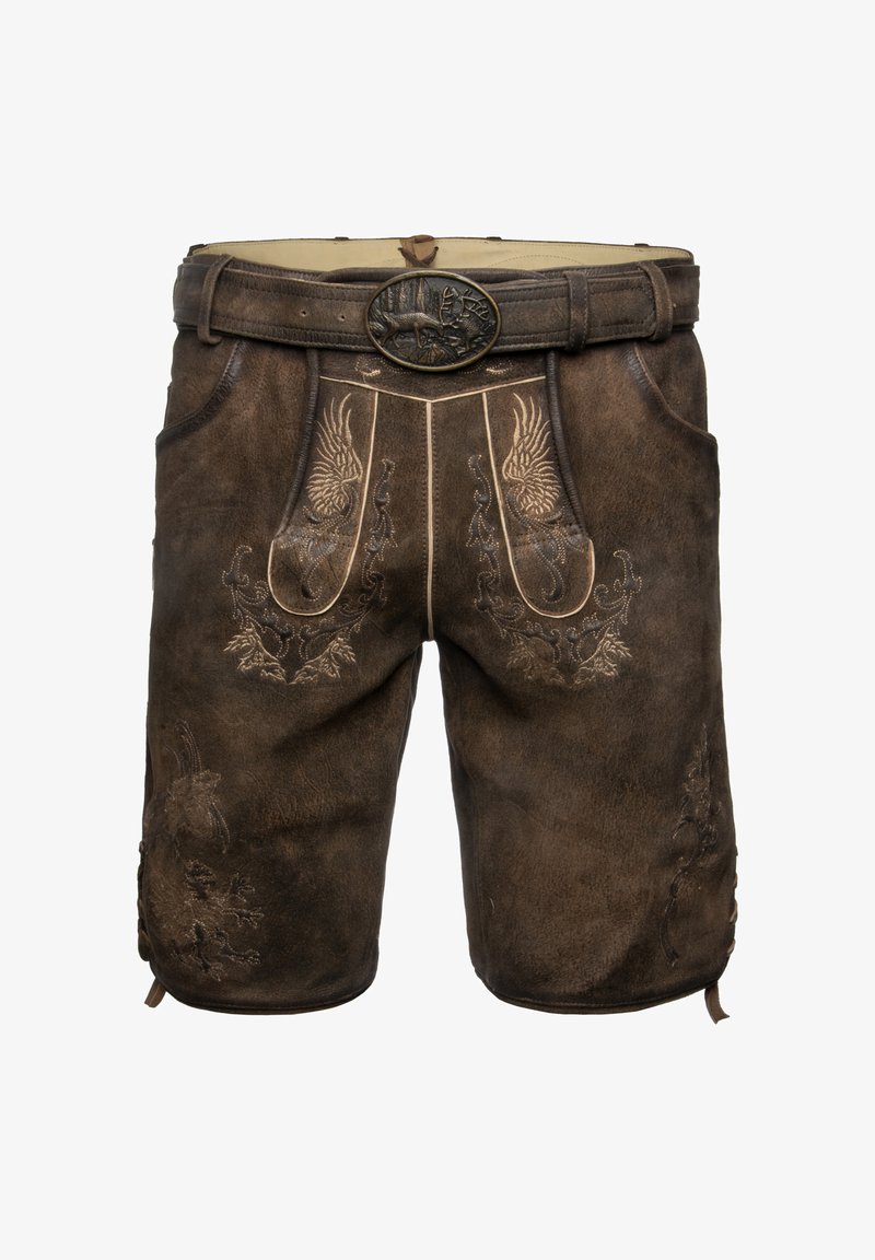 Braune Ledershorts mit filigraner Stickerei und einem verstellbaren Gürtel mit einer detaillierten Metall-Schnalle. Taschen auf beiden Seiten.