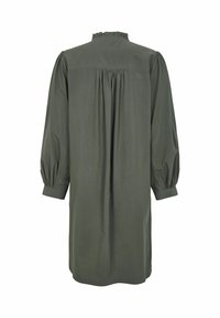 Robe vert foncé avec un col volanté, des manches bouffantes longues et un détail froncé au dos. Fabriquée en tissu lisse avec une coupe décontractée.