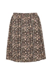 Jupe noire avec taille �élastique froncée, recouverte d'un motif floral beige et rose.