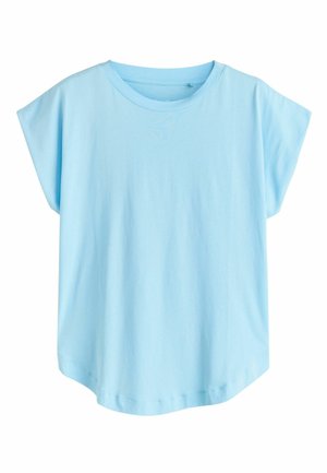 Hele sinine puuvillane T-särk lühikeste mütsikujuliste varrukatega, ümmarguse kaelusega ja lõdva, kastikujulise lõikega. Sile tekstuur ja lihtne disain.
