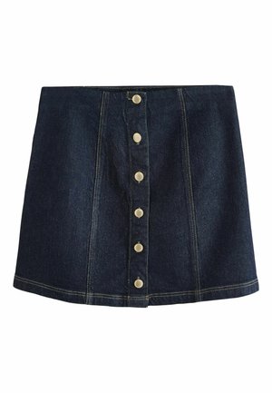 Dunkelblauer Jeansrock mit vertikaler Naht vorne und sechs goldenen Knöpfen, die von der Taille bis zum Saum in der Mitte verlaufen.