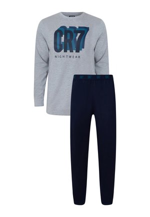 Graues Langarmshirt mit "CR7 NIGHTWEAR"-Grafik; marineblaue Hose mit elastischem Bund und passendem Logo-Band. Weiches Baumwollmaterial.