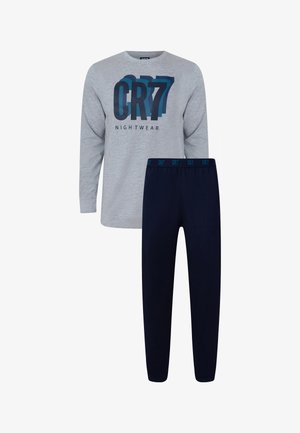 Graues Langarmshirt mit "CR7 NIGHTWEAR"-Grafik; marineblaue Hose mit elastischem Bund und passendem Logo-Band. Weiches Baumwollmaterial.