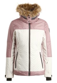 Veste matelassée blanche et rose clair, dotée d'une capuche doublée de fourrure, de poches zippées et de manches aux couleurs contrastées avec une texture lisse.