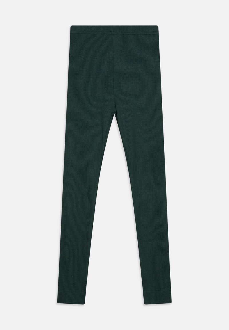 Sötétzöld, bordázott leggings, testhezálló fazonban, rugalmas derékrésszel, a kényelem és rugalmasság érdekében tervezve. Nincsenek látható logók vagy minták.
