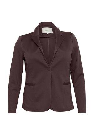 Blazer ajusté marron foncé avec un col à revers, fermeture à un bouton, deux poches avant et longues manches ajustées. Texture de tissu lisse.