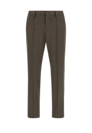 Slim-fit spodnie w ciemnoszarym kolorze, wykonane z teksturowanej tkaniny. Posiadają zaszewki z przodu, szlufki na pasek oraz gładką talię. Dopasowany fason.