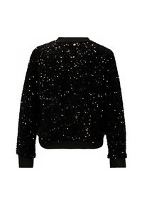 Veste bomber noire en sequins avec une surface texturée, un col arrondi et des poignets côtelés. Présente des sequins scintillants dispersés sur l'ensemble.