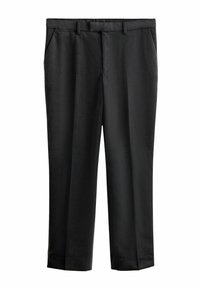 Black trousers made of textured fabric, featuring a straight-leg design, two side pockets, and subtle pattern detailing.