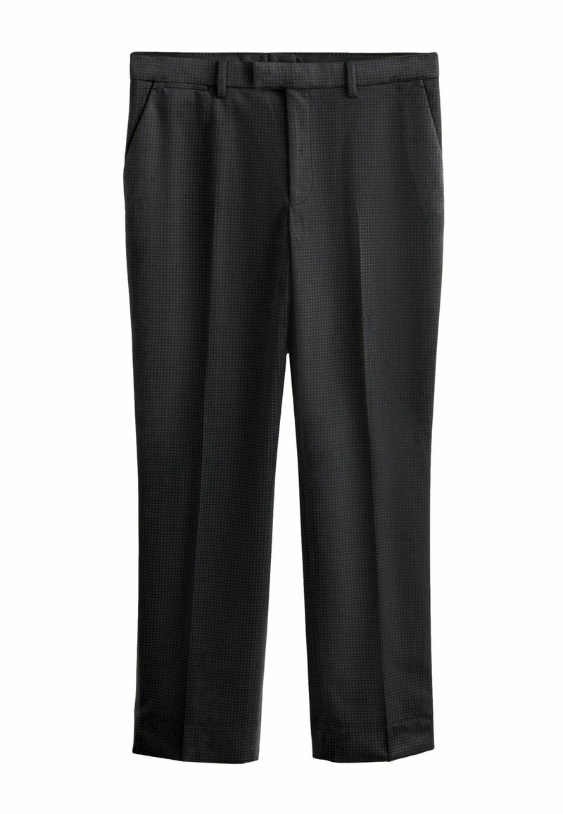 Black trousers made of textured fabric, featuring a straight-leg design, two side pockets, and subtle pattern detailing.