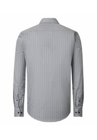 Langarm herenoverhemd met een klein geometrisch patroon in blauw, grijs en zwart, weergegeven vanaf de achterkant op een witte achtergrond.