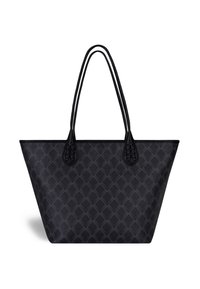Black tote bag made of textured synthetic material. Features diagonal diamond pattern and two long braided handles. Wide opening design.