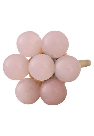 Ring with seven round pale pink beads arranged in a flower-like cluster on a gold band.