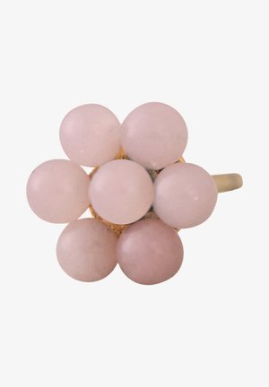 Ring with seven round pale pink beads arranged in a flower-like cluster on a gold band.